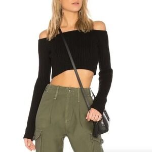 Lovers + Friends Black Ribbed Off The Shoulder Long Sleeve Crop Top Sweater Sm